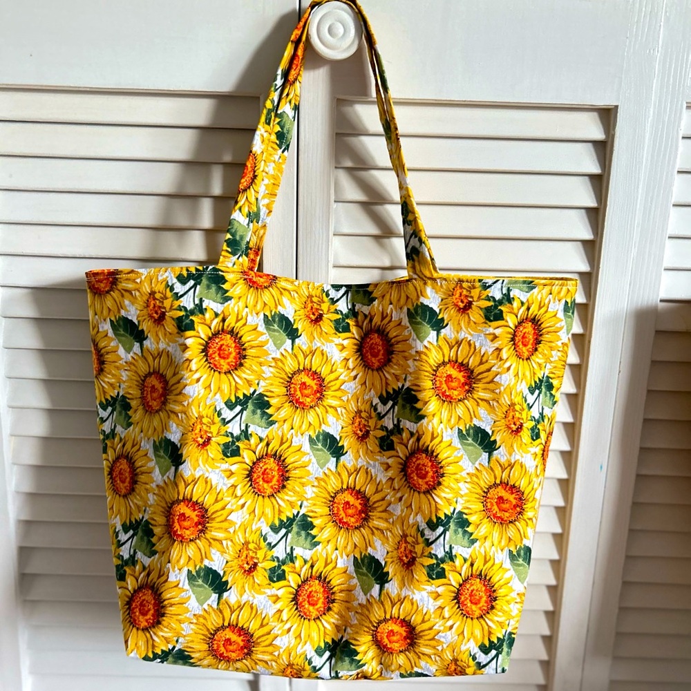 Handmade Tote Bag Colorful Sunflowers Cotton Fabric Carry All Shoulder Purse